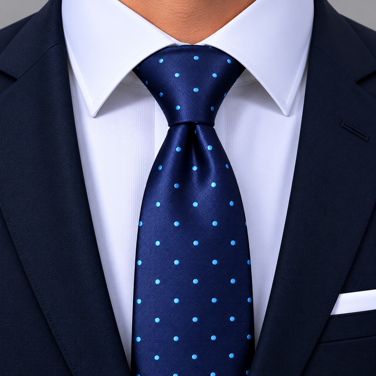 Conjunto de corbata azul marino con lunares celestes y pañuelo a juego elegante para hombre ideal para bodas y traje formal