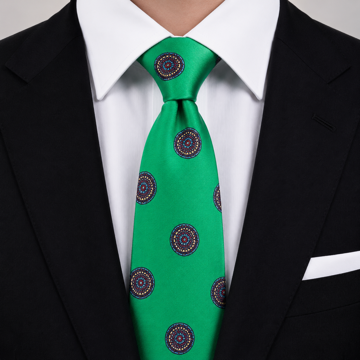 Corbata verde elegante para hombre con estampado circular ideal para bodas y traje formal