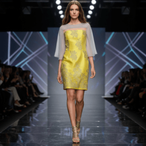 Vestido de fiesta corto amarillo con bordado de encaje y mangas de gasa