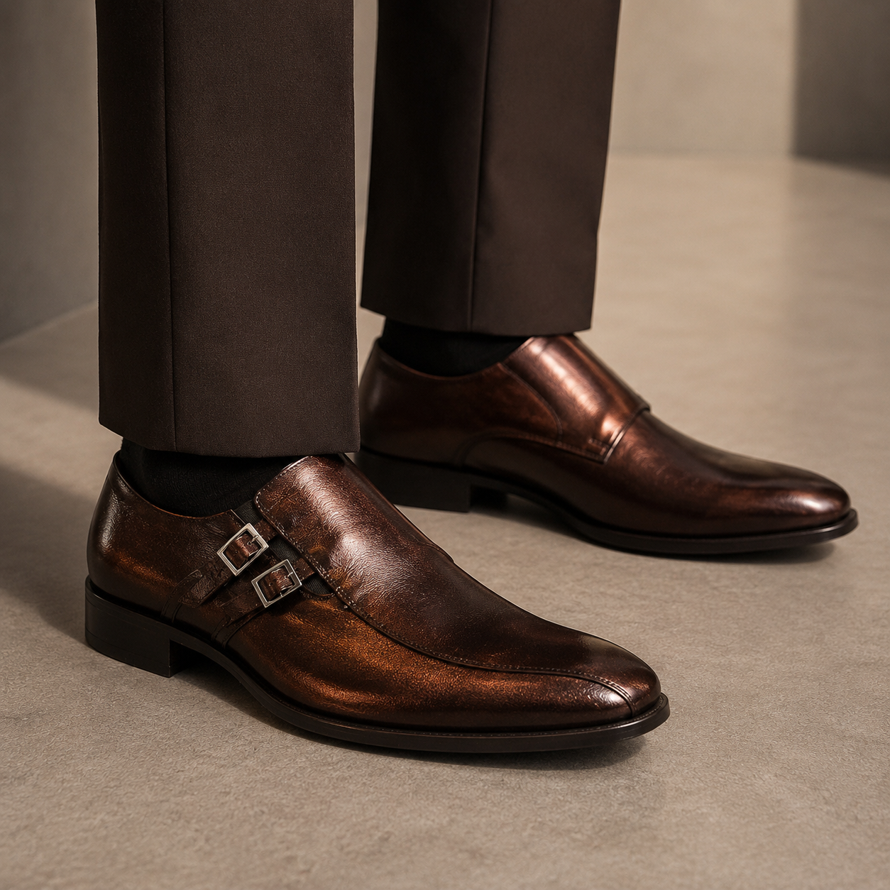 Zapato de Vestir Hombre Marrón Bronce en Piel sin Cordones