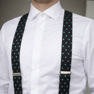 Tirantes de hombre azul marino con lunares verdes elegantes para boda y ceremonia