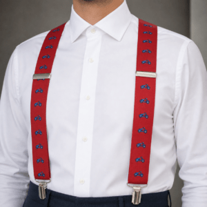 Tirantes de hombre rojos con estampado de bicicletas azules elegantes para boda y ceremonia