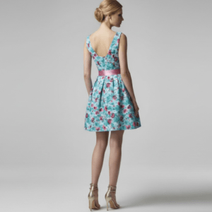 vestido corto azul fiesta estampado espalda pico floral invitada outlet