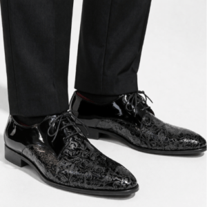 Zapato Oxford de hombre en piel negra con grabado plateado elegante ideal para bodas y eventos