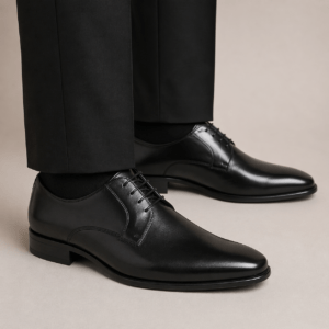 Zapato de vestir negro para hombre en piel con cordones combinado con traje ideal para bodas y eventos formales