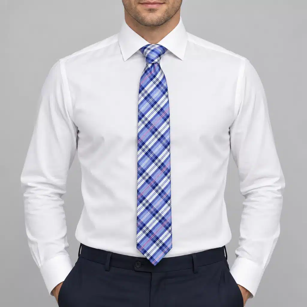 Corbata azul de cuadros con detalles blancos y rosas para hombre