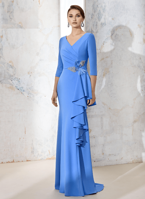 vestido largo madrina crep azul recogido cintura modelo samira