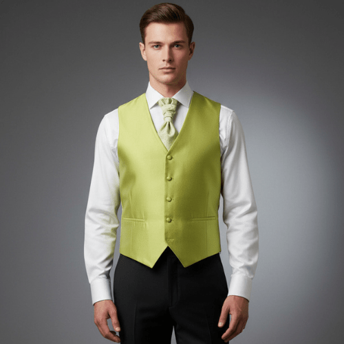 Chaleco de ceremonia para hombre color verde lima con espalda del mismo tejido y corbatón opcional ideal para novio, padrino o invitado de boda