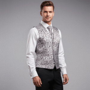 Chaleco de ceremonia para hombre gris plata brocado con espalda del mismo tejido y corbatón opcional ideal para novio, padrino o invitado de boda.
