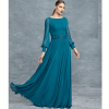 Vestido de fiesta largo azul petróleo con manga vaporosa y cinturón elegante para invitada de boda