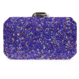 Bolso clutch de fiesta azul eléctrico con piedras multicolor y cierre metálico
