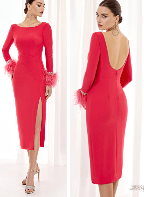 vestidos madrina midi plumas rojo siro Pilukafashion