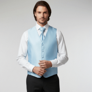 Chaleco de ceremonia para hombre azul claro con espalda en tejido raso del mismo color y corbatón opcional ideal para novio o invitado de boda