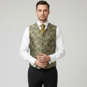 Chaleco de ceremonia para hombre en tejido brocado dorado elegante ideal para novio, padrino o invitado de boda
