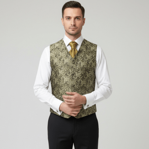Chaleco de ceremonia para hombre en tejido brocado dorado elegante ideal para novio, padrino o invitado de boda