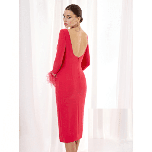 vestido fiesta midi rojo fresa con plumas siro esthefan (2)