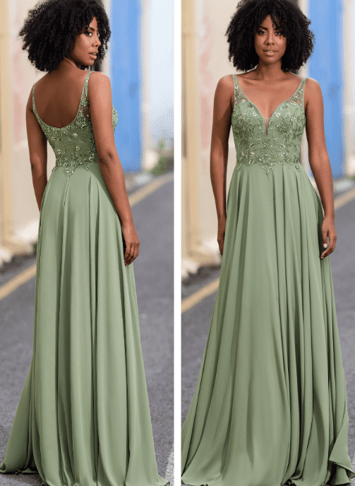 Vestido largo de fiesta verde pistacho gasa con pedreria graduacion valencia