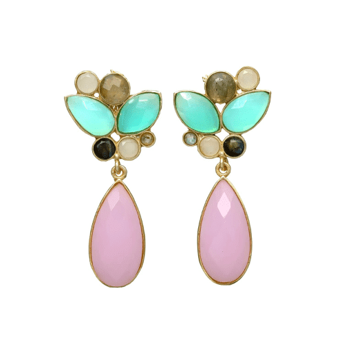 pendientes dorados largos con piedras rosas y azul armonia tangara