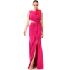 Vestido de fiesta largo fucsia con detalle de plumas y abertura para invitada de boda o graduación elegante