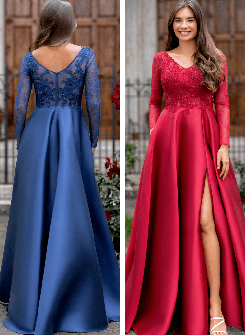 vestido de fiesta largo mikado rojo o azul pilukafashion