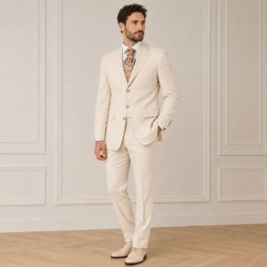 Traje de ceremonia para hombre color crudo con rayas ideal para novios e invitados de boda de verano