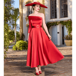vestido de fiesta rojo largo midi escote asimetrico sonia peña
