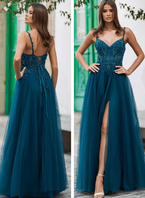 vestido largo fiesta tul y brillo verde turquesa lucia