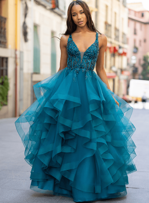 vestido de fiesta volantes azul 1107 invitada valencia