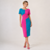 Vestido de fiesta midi buganvilla y azul con diseño bicolor elegante para invitada de boda