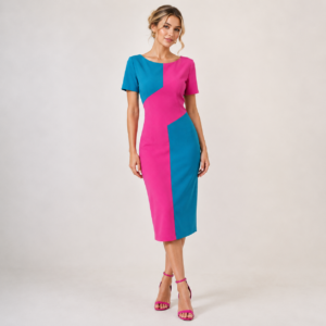 Vestido de fiesta midi buganvilla y azul con diseño bicolor elegante para invitada de boda
