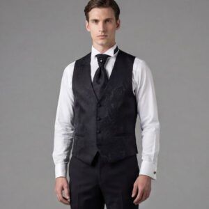 Chaleco de ceremonia negro jacquard con corbatón y alfiler