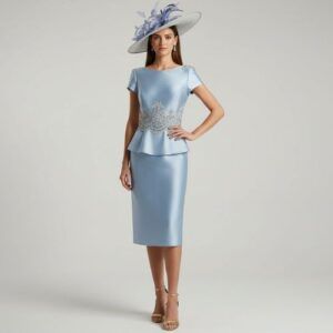 Vestido de Ceremonia Azul Cielo con Peplum y Bordado Joya Elegancia Atemporal