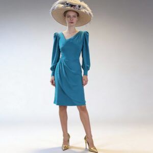 Vestido de Fiesta Azul Petróleo con Mangas Abullonadas y Espalda abierta (1)