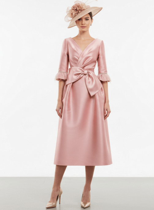 Vestido de fiesta midi mikado rosa con vuelo invitada a boda