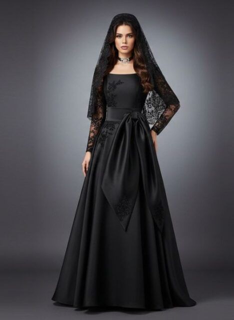 Vestido de fiesta negro largo con vuelo festeras clavariesas cuello redondo compressed