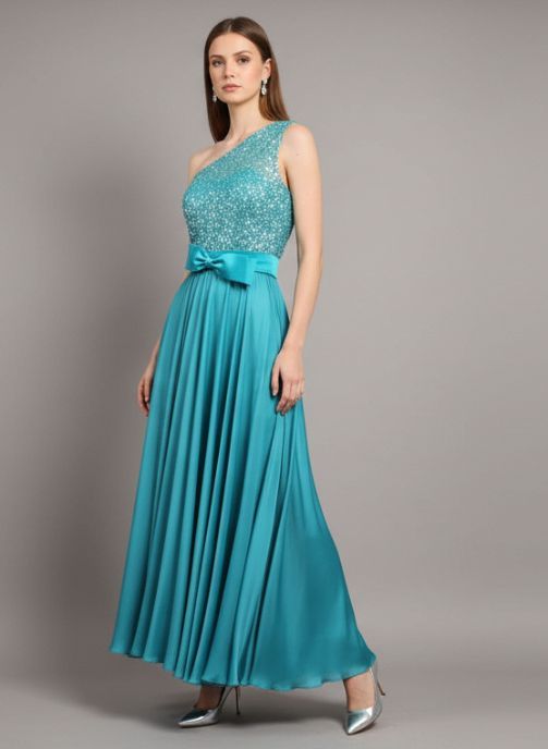 Vestido midi de fiesta gasa con pedreria verde mar invitada boda