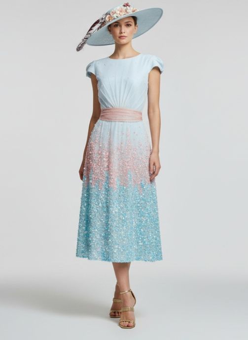 vestido de fiesta azul y rosa pedreria con tul invitada boda exclusiva