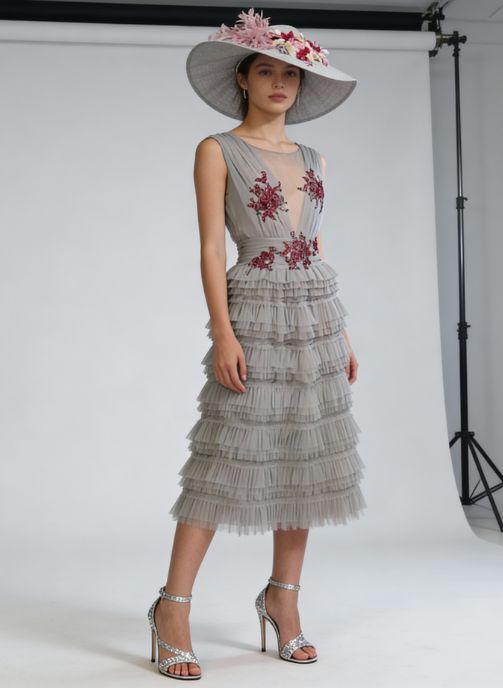 vestido de fiesta midi exclusivo volantes tul gris y pedreria