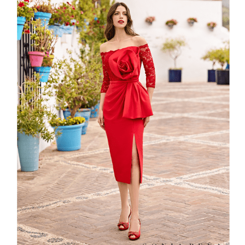 Vestido de Fiesta Midi Rojo Corte Recto Sonia Peña – Elegancia Sofisticada
