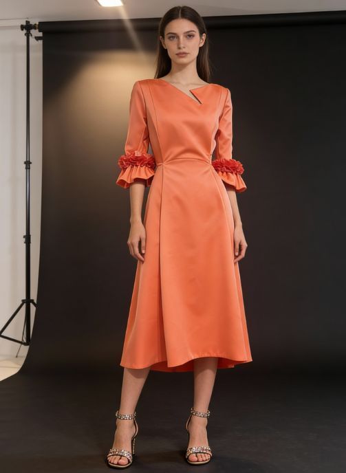 vestido de fiesta para boda midi con vuelo petalos en mangas valencia