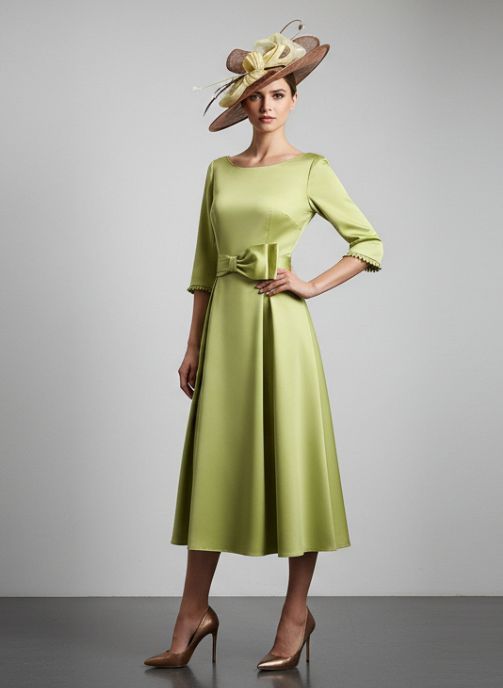 vestido de fiesta para boda midi falda crepe con caida madre de novia elegante