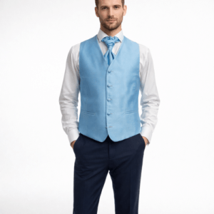 Chaleco azul de ceremonia para hombre con corbatón y espalda del mismo tejido