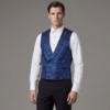 Chaleco de traje de ceremonia para hombre en tejido brocado azul con espalda de raso negro ajustable para bodas y eventos formales