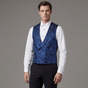 Chaleco de traje de ceremonia para hombre en tejido brocado azul con espalda de raso negro ajustable para bodas y eventos formales