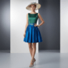 Vestido corto de fiesta verde y azul para invitada de boda con falda de vuelo disponible en colección outlet en Valencia y venta online en España