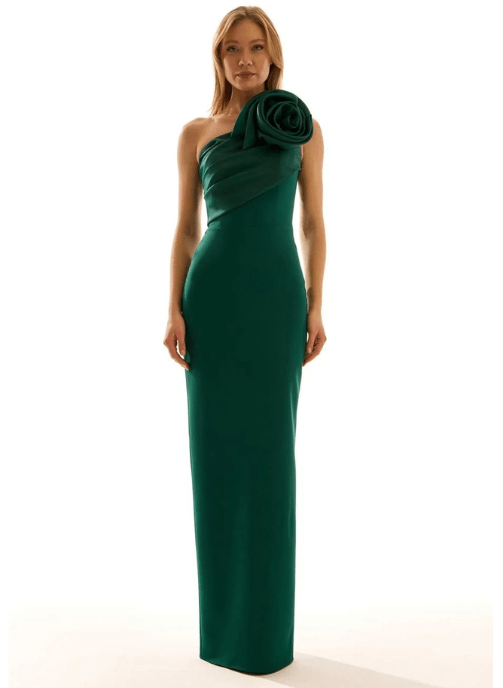 vestido de fiesta largo verde botella invitada boda