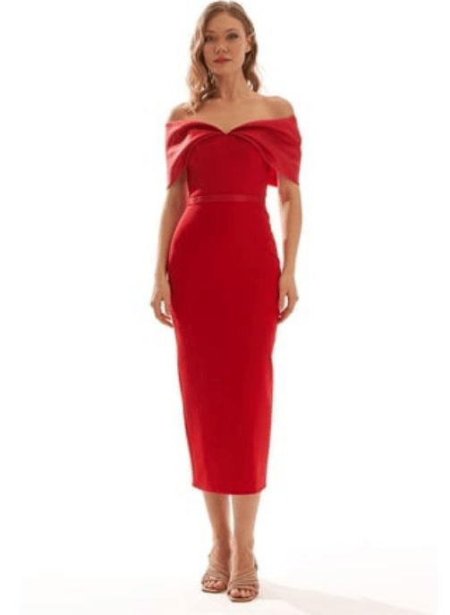 vestido de fiesta midi invitada boda rojo escote barco