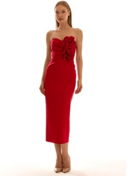 vestido de fiesta midi invitada boda rojo palabra de honor
