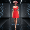 Vestido corto rojo de fiesta para invitada de boda con escote asimétrico y broche joya en la cintura disponible en PilukaFashion Valencia