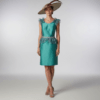 Vestido midi de fiesta verde para invitada de boda con volantes en los hombros disponible en colección outlet en Valencia y venta online en España